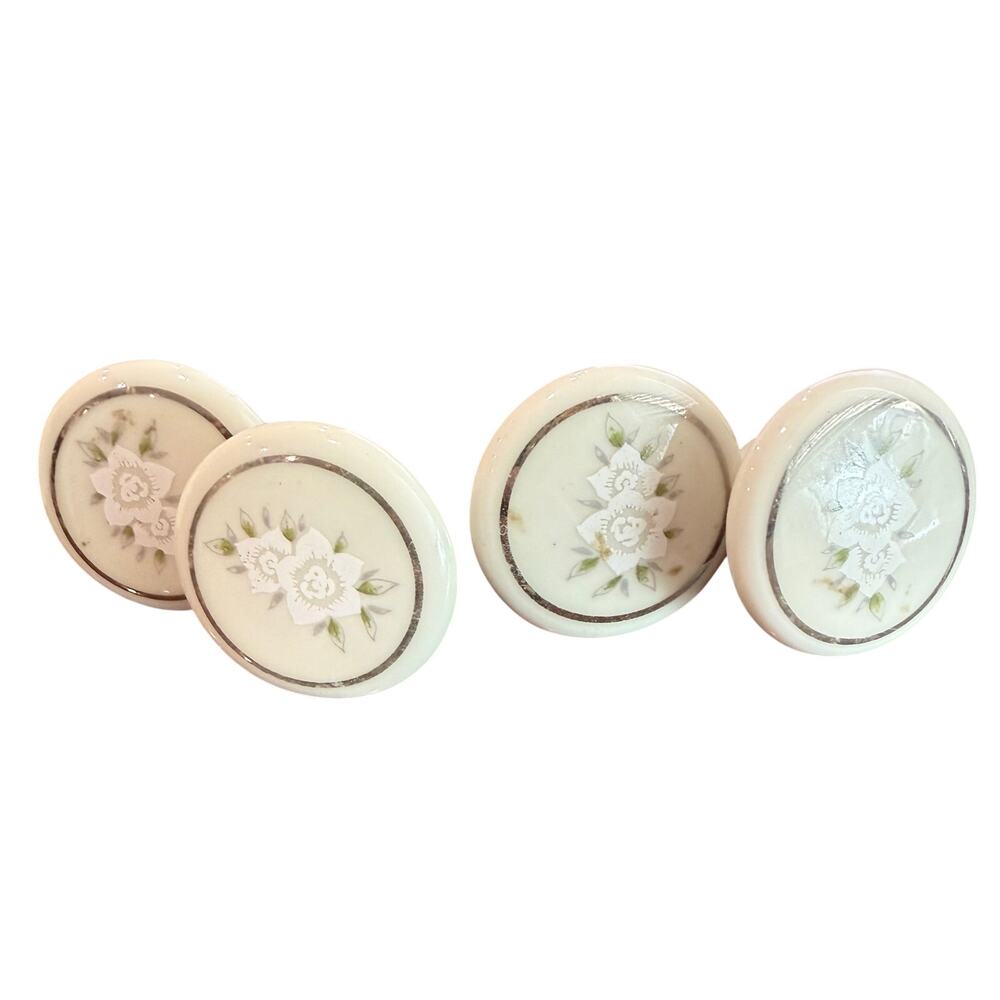 VTG Lot (4) Porcelain Drawer Knobs Pulls White Lotus Flower Floral Cabinet Door
